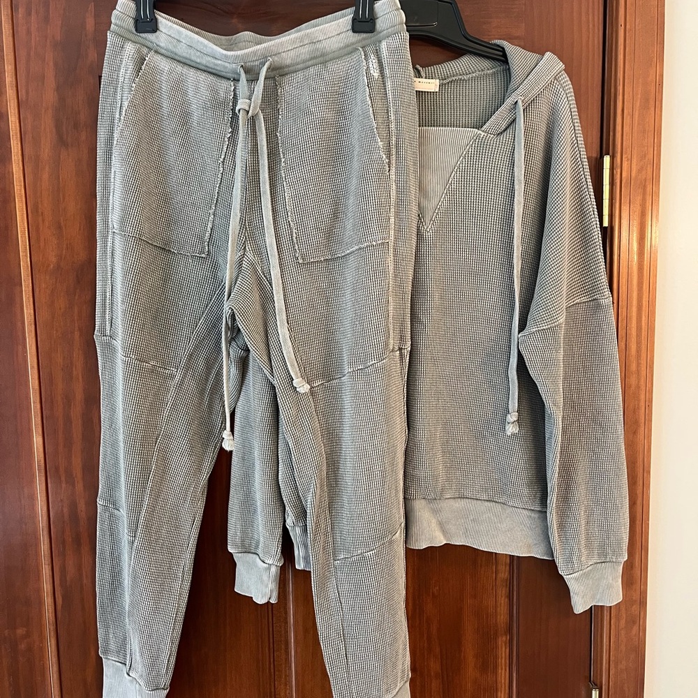 Free People Faded Light Green Waffle Knit Hoodie and Jogger Set
